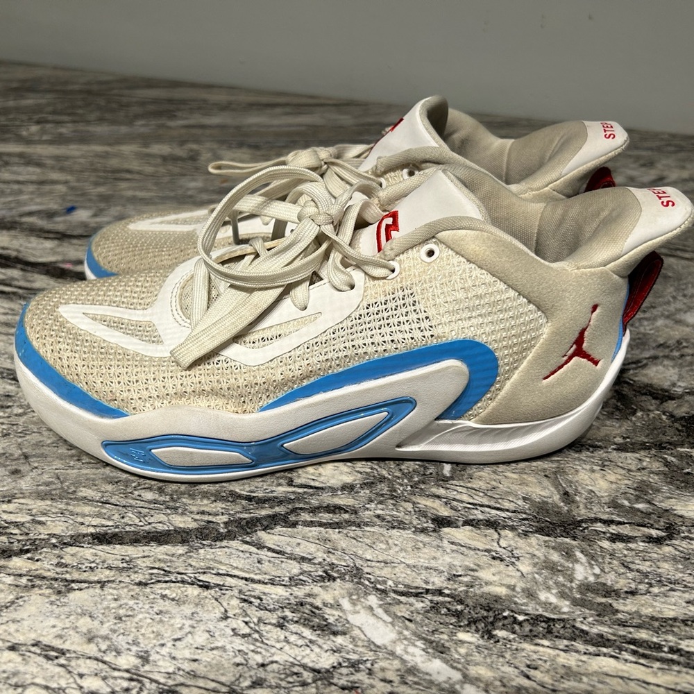 Jason Tatum  Air Jordan Stylish Beige and Blue Sneakers